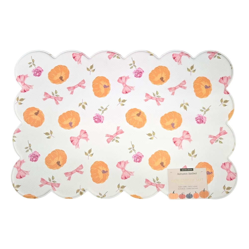 New! Autumn Themed Pumpkins & Pink Bows Scalloped Edge Foam Cushioned Mat